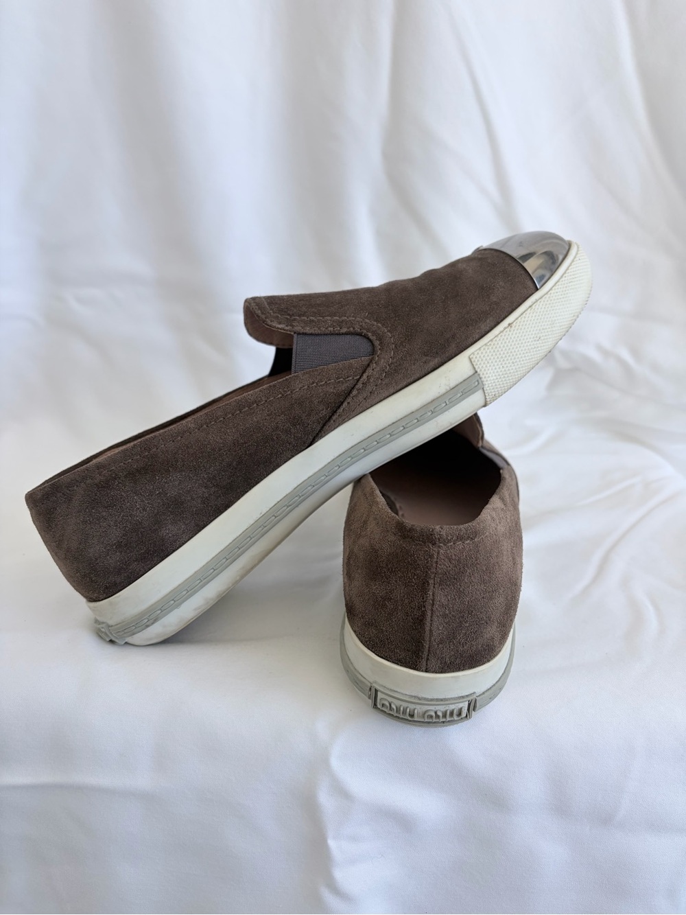 Miu Miu Brown Suede Slip-On Sneakers with Silver Mirror Toe Caps - Picture 3 of 4